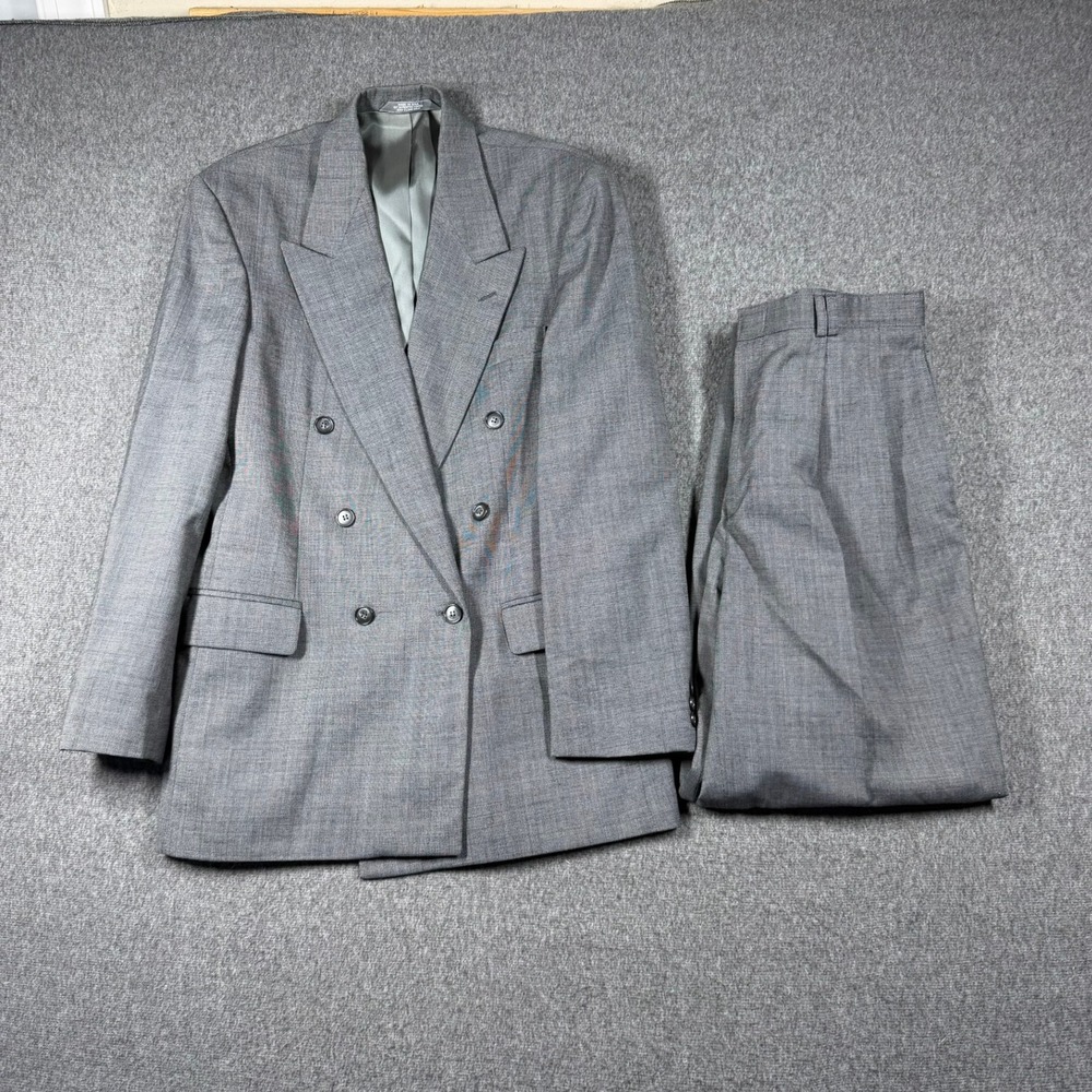 Vintage Haggar Mens Gray Double Breasted Suit Peak Lapel Pleated Pants 38 32X30